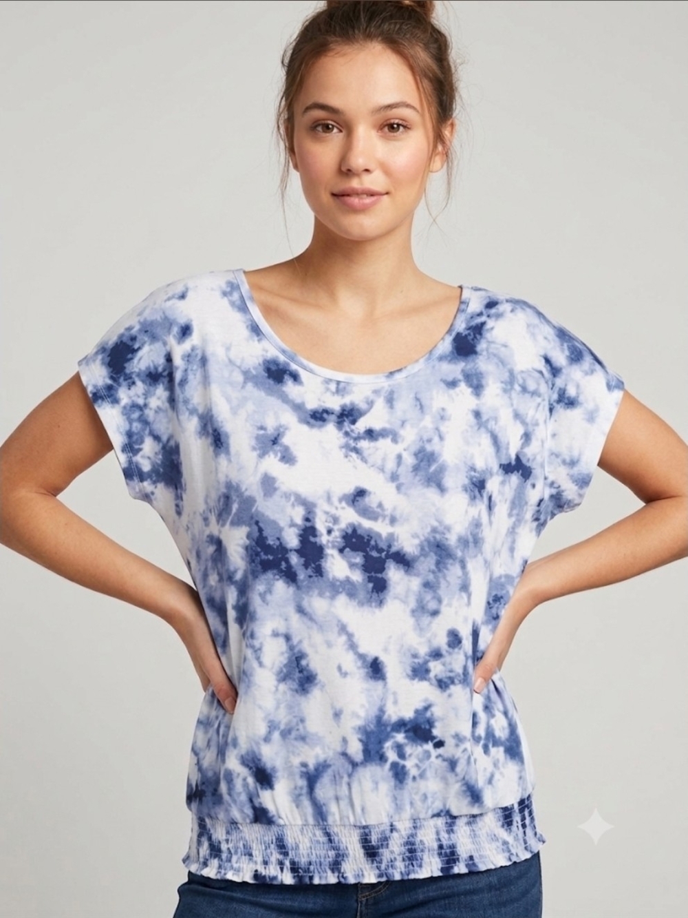 Kismet Blue and White Tie-Dye Short Sleeve Top